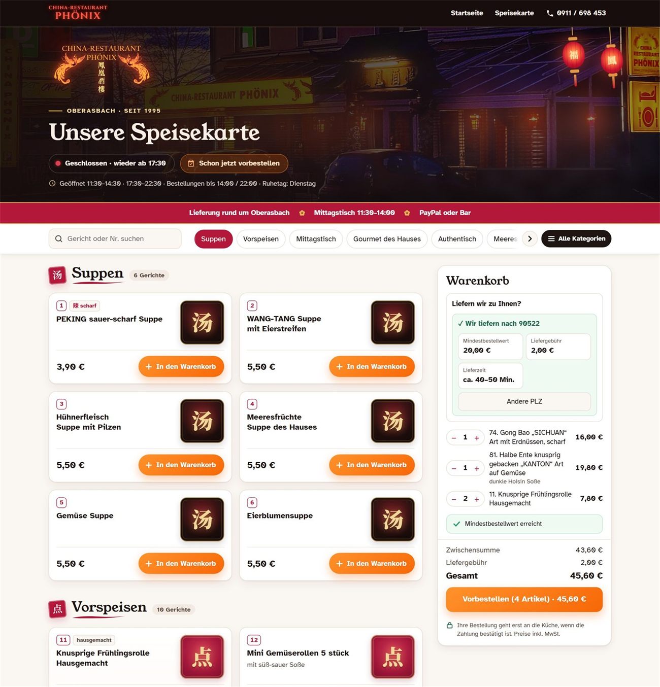 Speisekarte des Phönix-Shops mit Öffnungszeiten, Suche, Kategorien, PLZ-Prüfung, Warenkorb und Mindestbestellwert